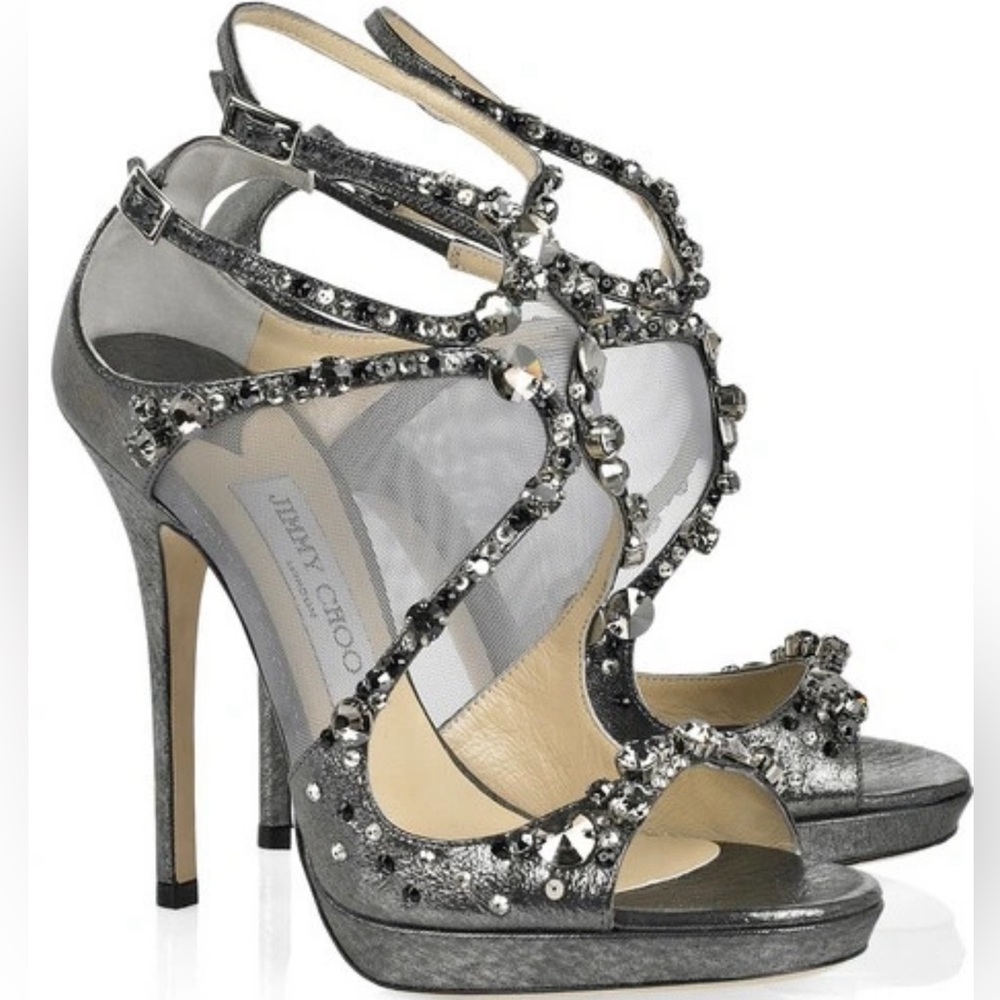 Jimmy Choo Viola Metallic Leather and Mesh Crystal Embellished Sandals Size 37.
